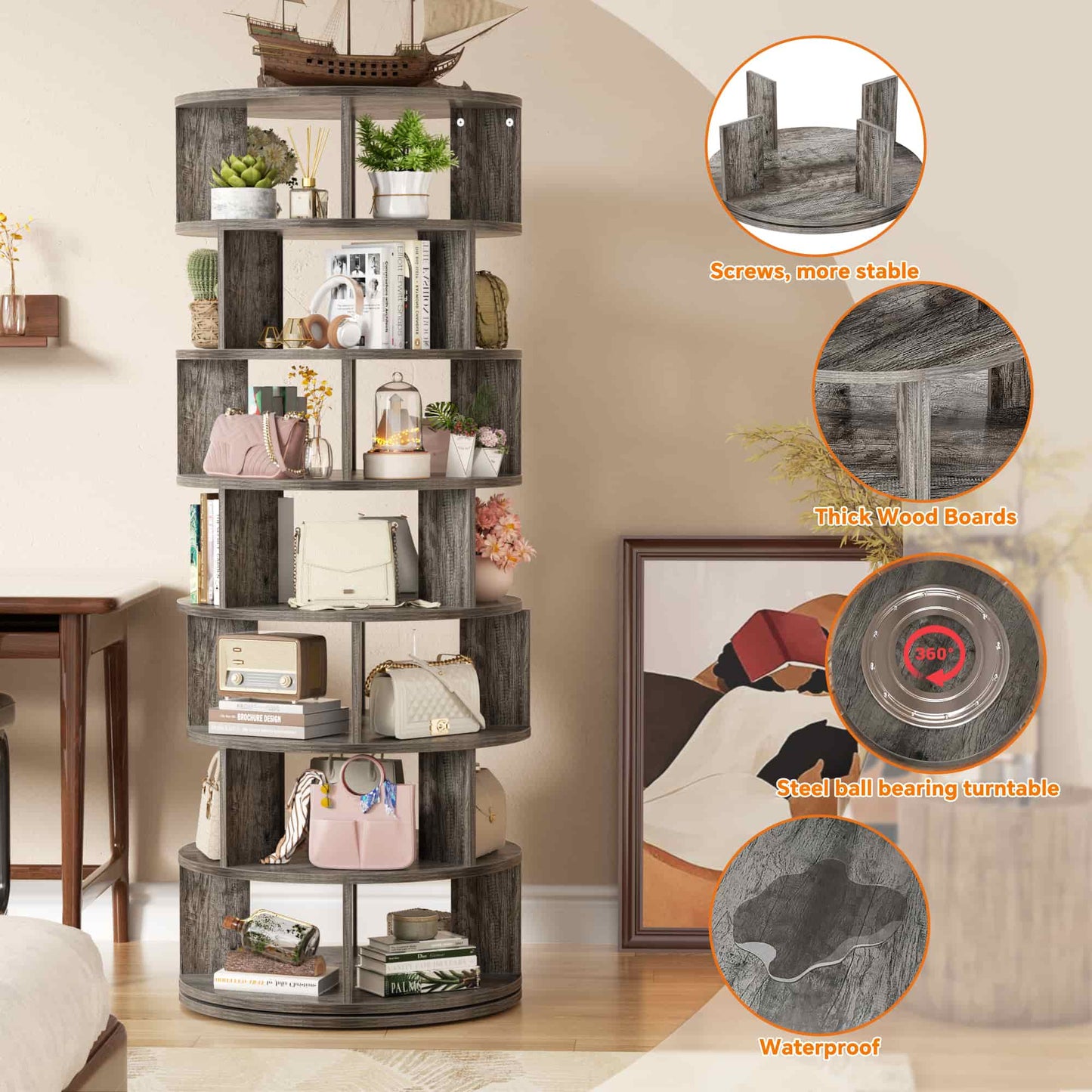 7-Tier Spinning Shoe Rack Tower, 360 Revolving wooden Shoe Rack, 60'' for shoes ,bags, Display Lazy Susan ,Storage Carousel
