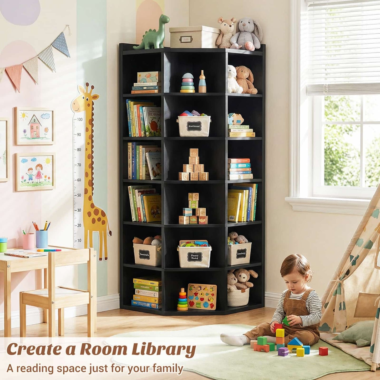 7-Tier Corner Cube Book Shelf - Wooden L-Shaped Storage Cabinet with Top Table for Small Spaces, Home Office, Bedroom, Living Room