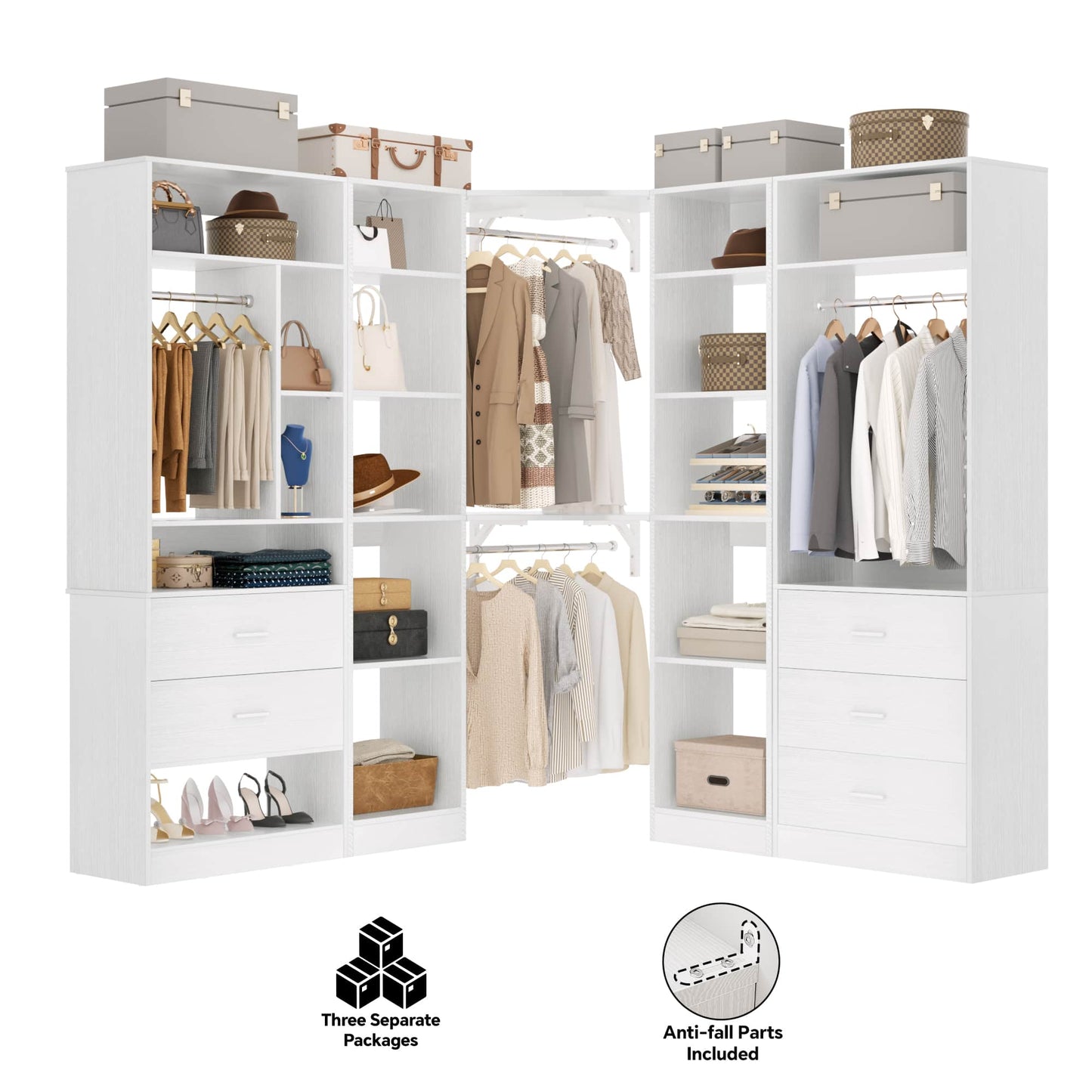 Freestanding Closet System with 3 Sets, 87.2" Closet Organizer System , Reversible L Shaped Walk-in Closets,