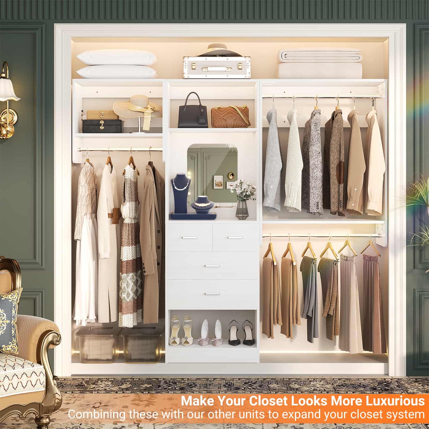 5FT Walk in Wood Clothing Rack with 3 Hanging Rods and 2 Shelves