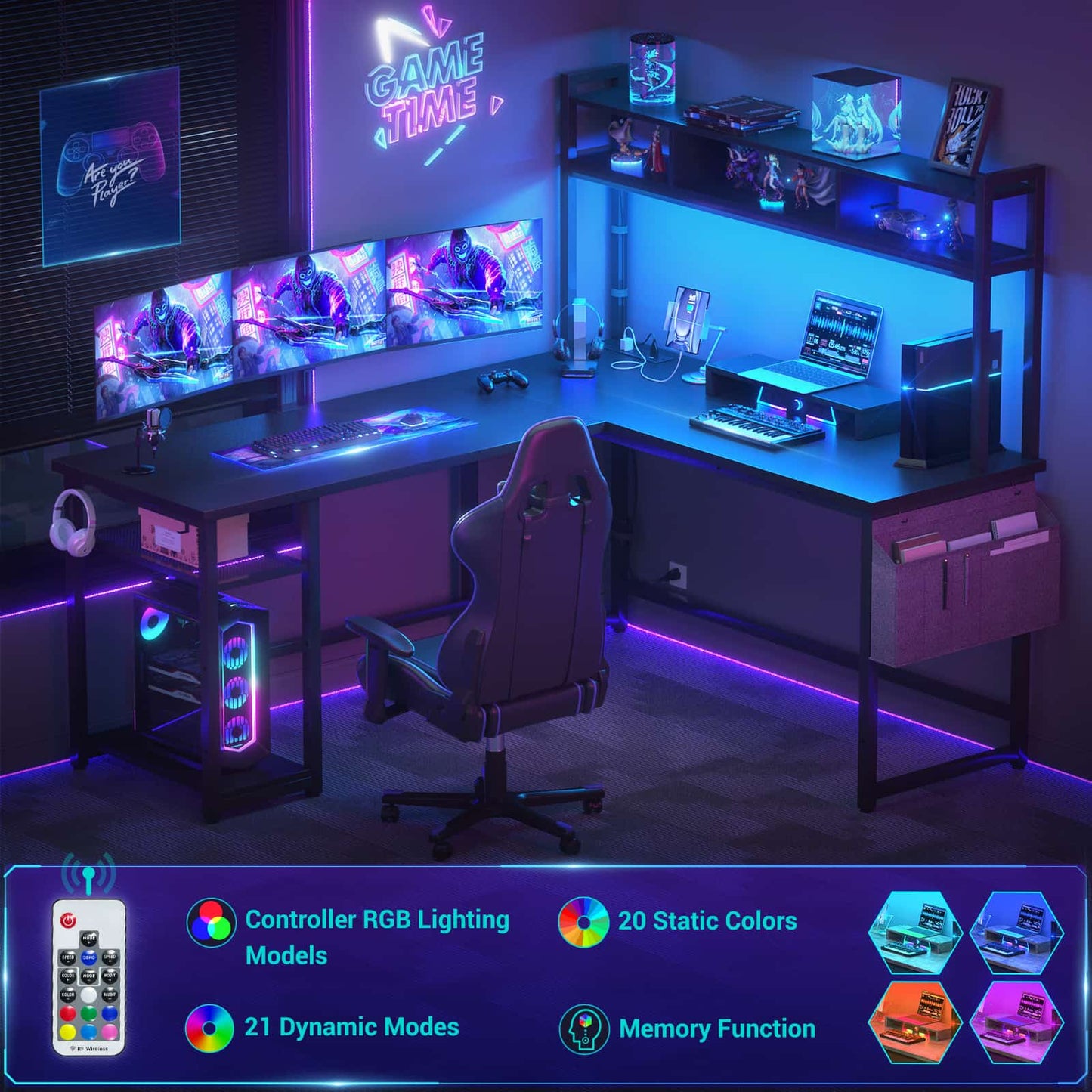 L Shaped Desk with Power Outlet, LED Strip, Storage Shelf