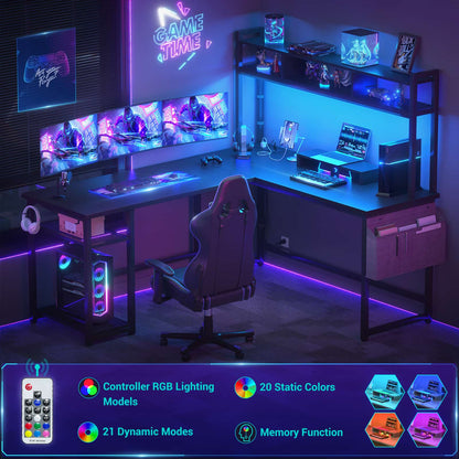 L Shaped Desk with Power Outlet, LED Strip, Storage Shelf