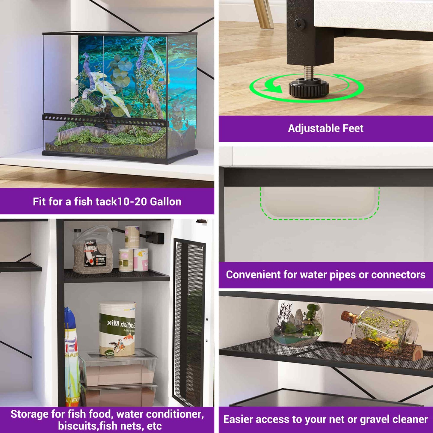 Heavy Duty 55-75 Gallon Aquarium Stand with Power Outlets, LED Light & Storage Cabinet - Reversible Metal Fish Tank Stand, 880LBS Capacity