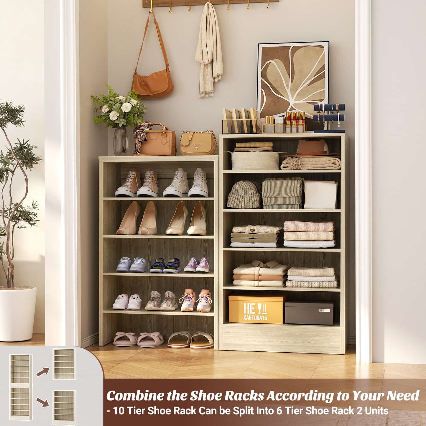 Tall Shoe Cabinet, 10 Tiers Narrow Wood Shoe Rack