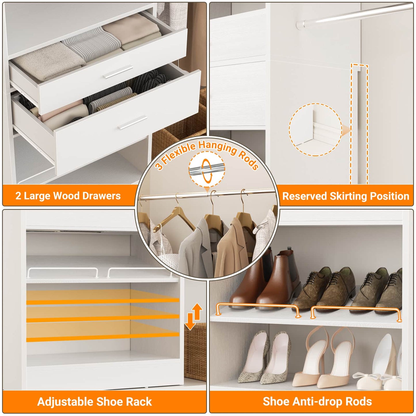 Closet System with Wooden Drawers, Adjustable Angled Shoe Rack