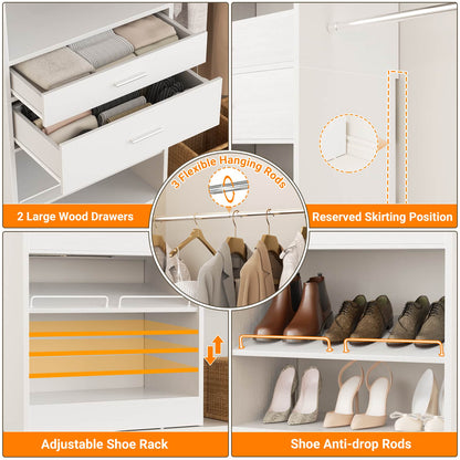 Closet System with Wooden Drawers, Adjustable Angled Shoe Rack