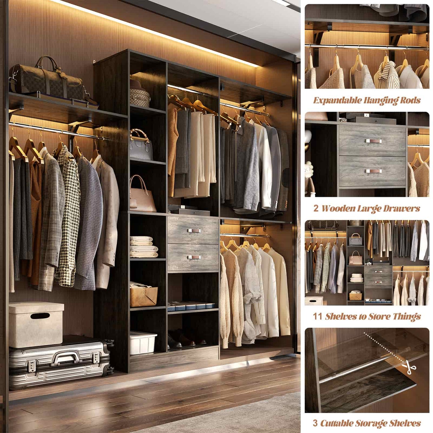 8FT Closet Organizer System with Wood Drawers