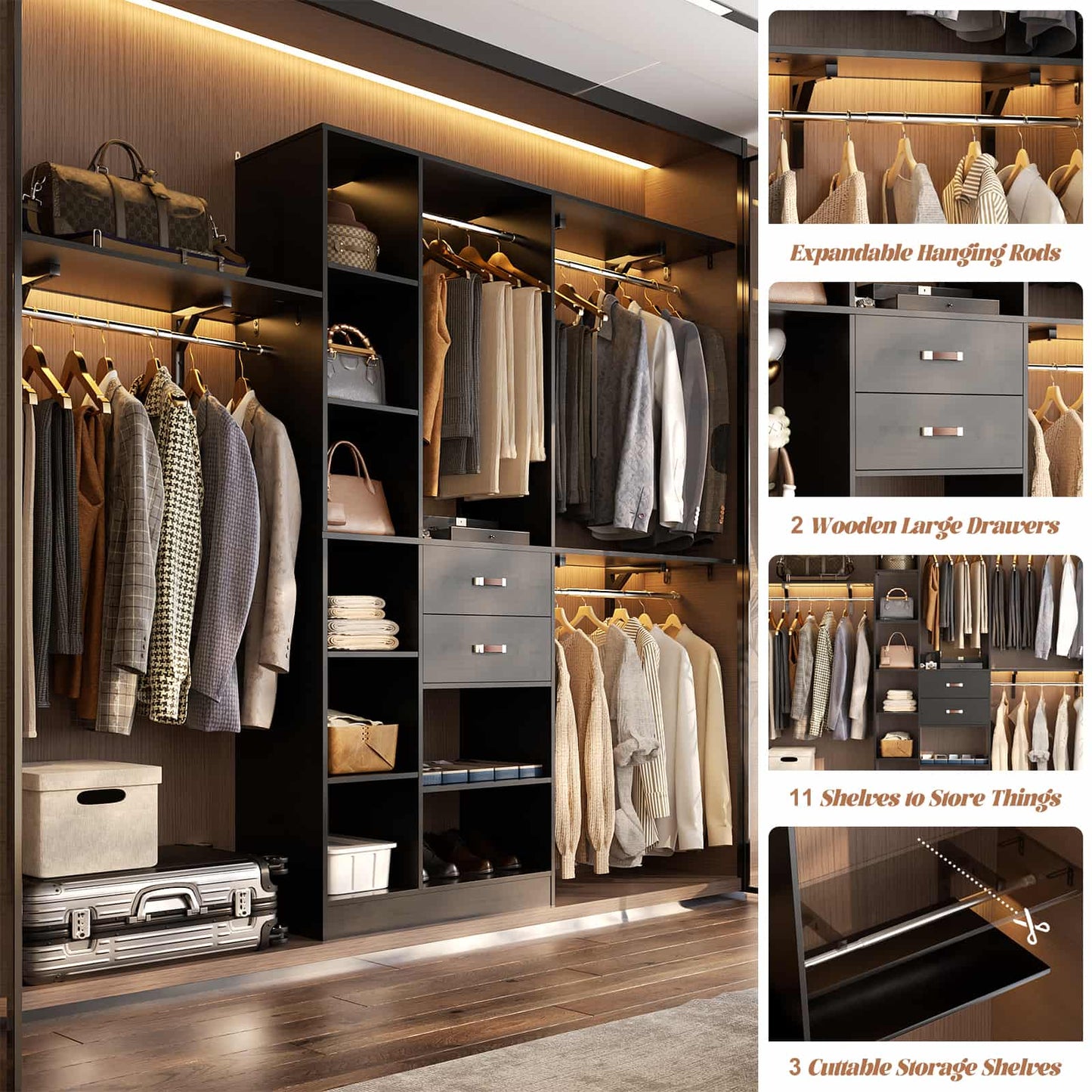8FT Closet Organizer System with Wood Drawers