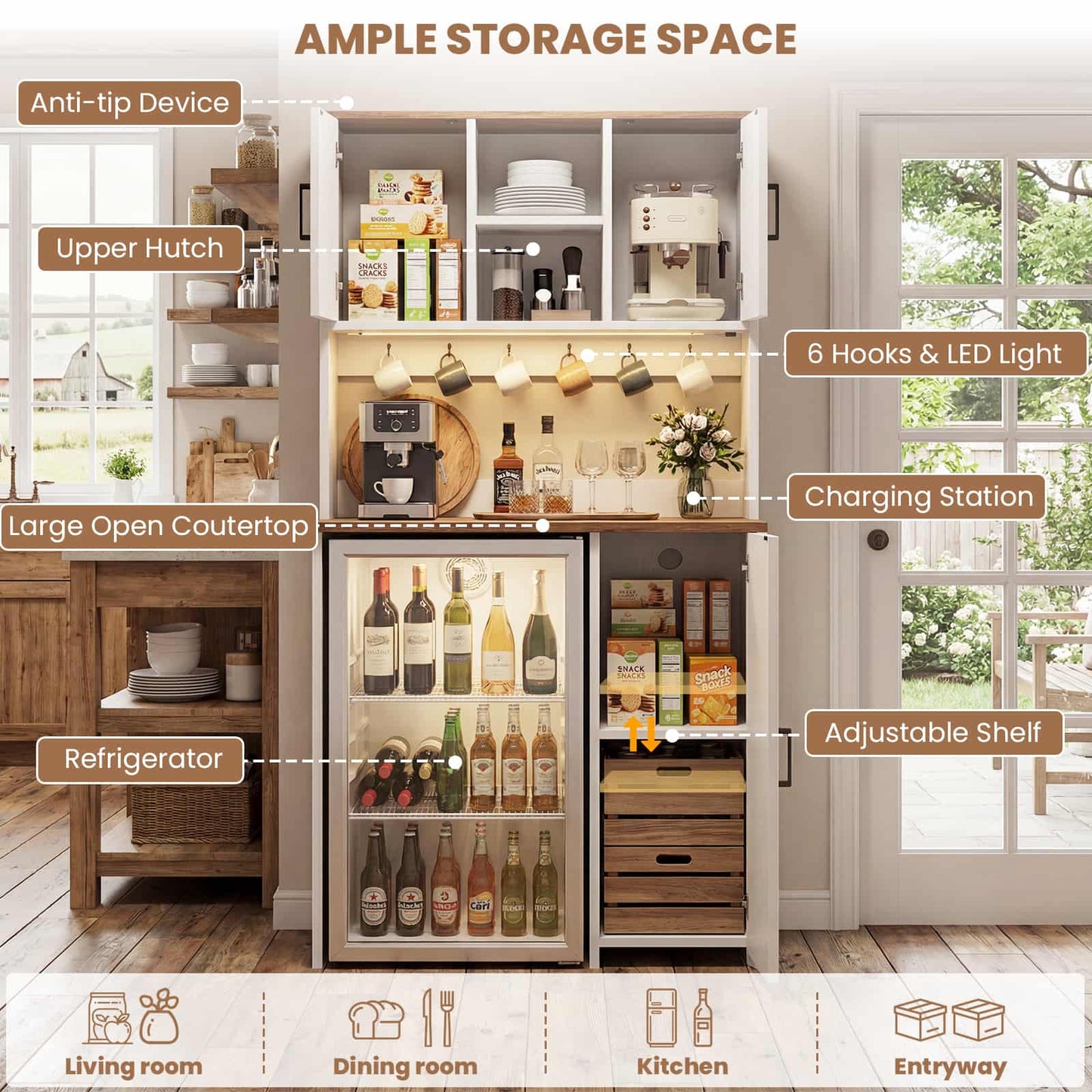 3-in-1 Mini Fridge Cabinet & Coffee Bar Station - with Power Outlet, LED Light, Microwave Shelf & Wine Storage