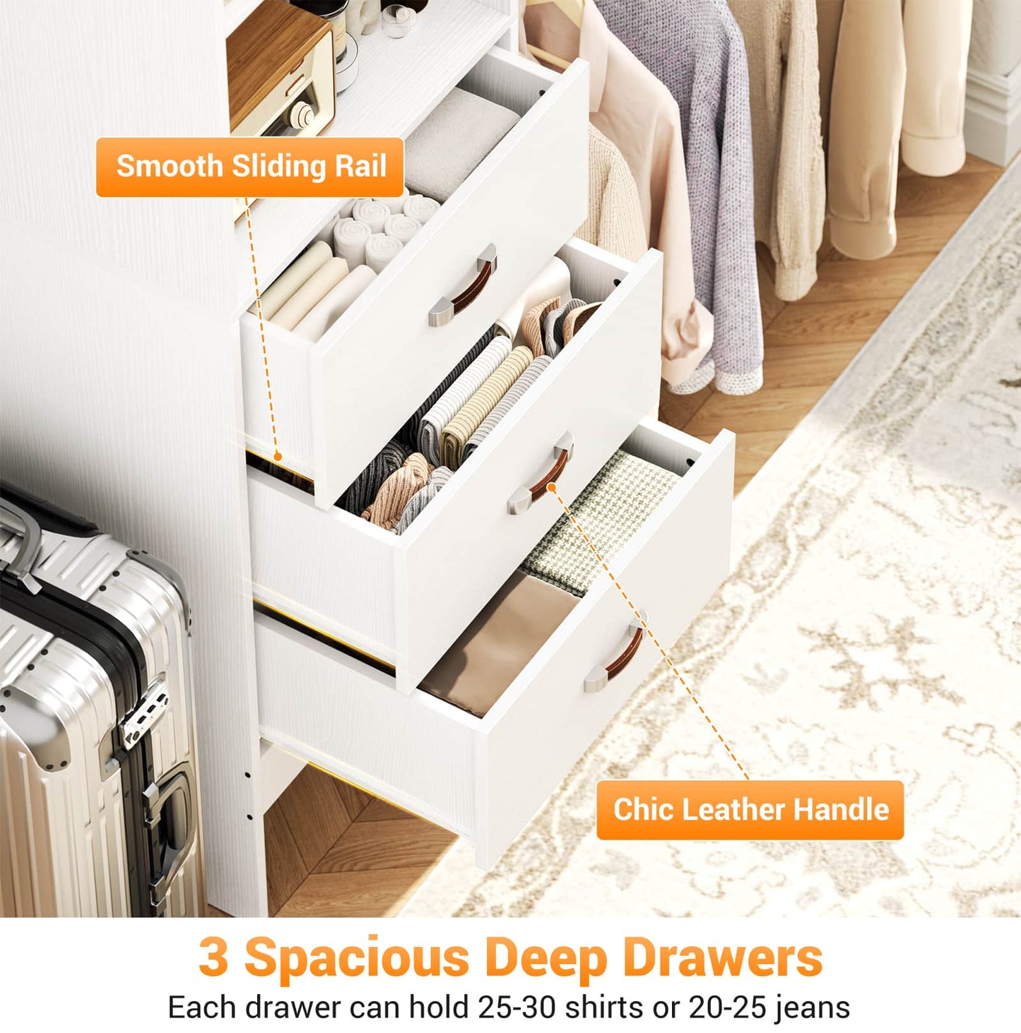 Adjustable 5-8FT Wall-Mounted Closet Organizer System with 3 Hanging Rods & 3 Wood Drawers