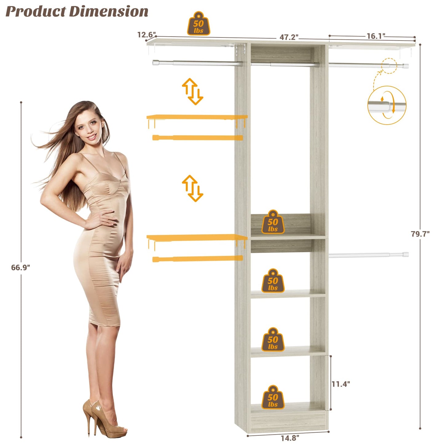 4FT Small Closet System with 4 Closet Rods & 3 Shelves