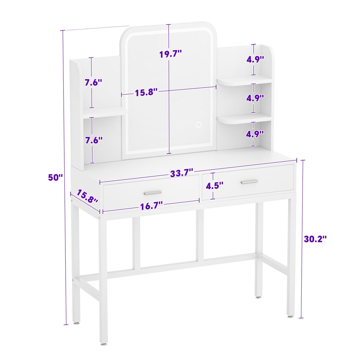 Vanity Desk with LED Lighted Mirror, Makeup Desk with 5 Storage Shelves & 2 Drawers, Vanity Table, Modern Dressing Table with 3 Color Lighting