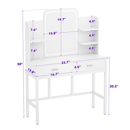 Vanity Desk with LED Lighted Mirror, Makeup Desk with 5 Storage Shelves & 2 Drawers, Vanity Table, Modern Dressing Table with 3 Color Lighting