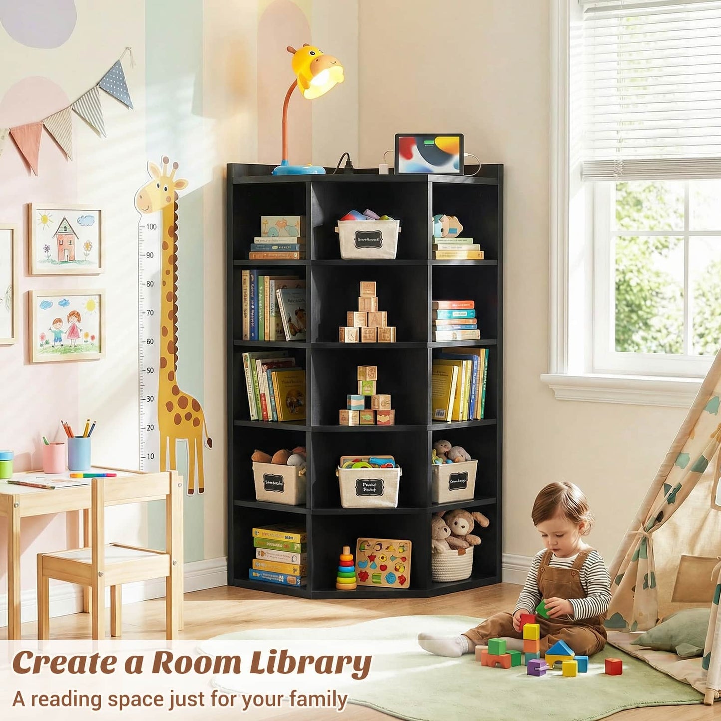 6-Tier Corner Cabinet with Power Outlets & 15 Cubes - Wooden L-Shaped Bookshelf, Toy Storage for Home Office, Bedroom, Living Room