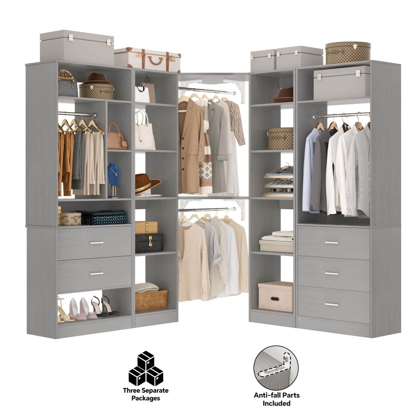 Freestanding Closet System with 3 Sets, 87.2" Closet Organizer System , Reversible L Shaped Walk-in Closets,