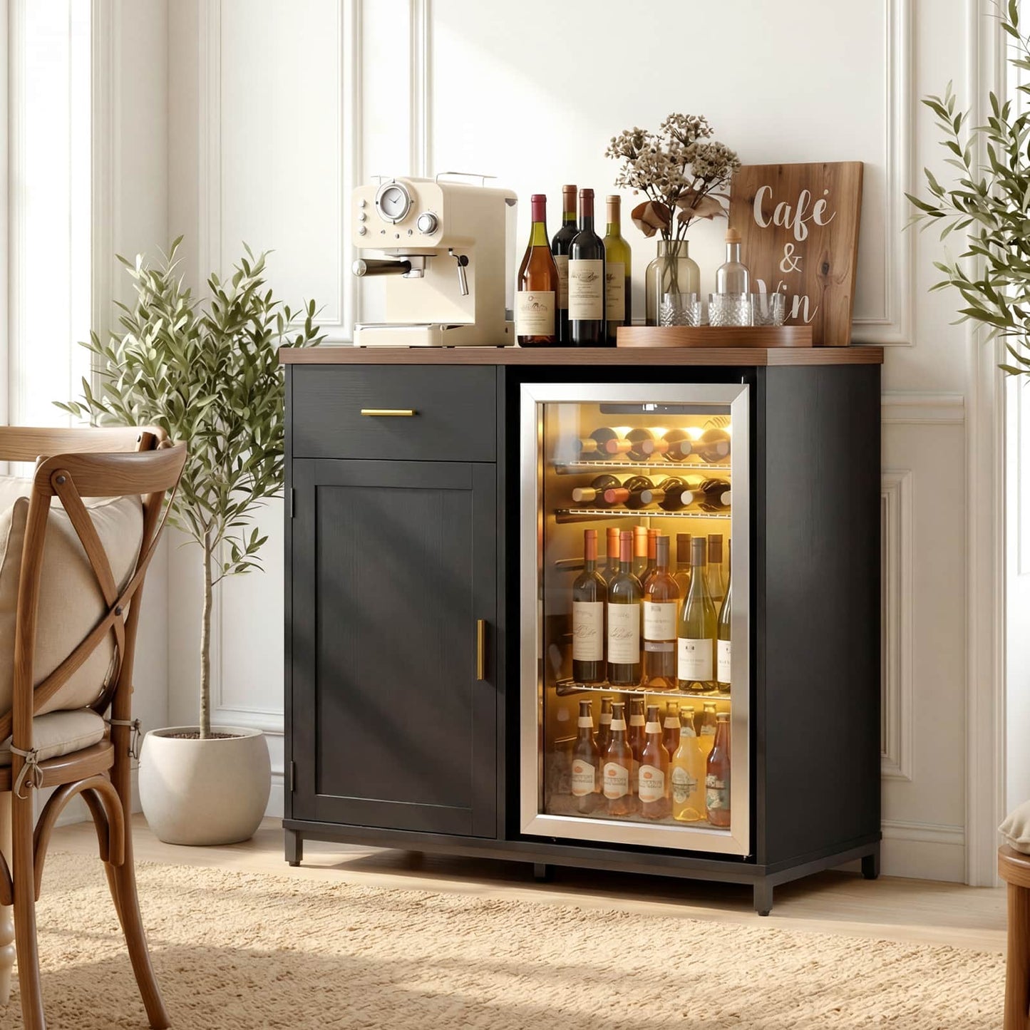 Coffee Bar Cabinet with Mini Fridge Space, Power Outlet, Drawer Storage and Wine Glass Holder - Versatile Liquor Wine Cabinet