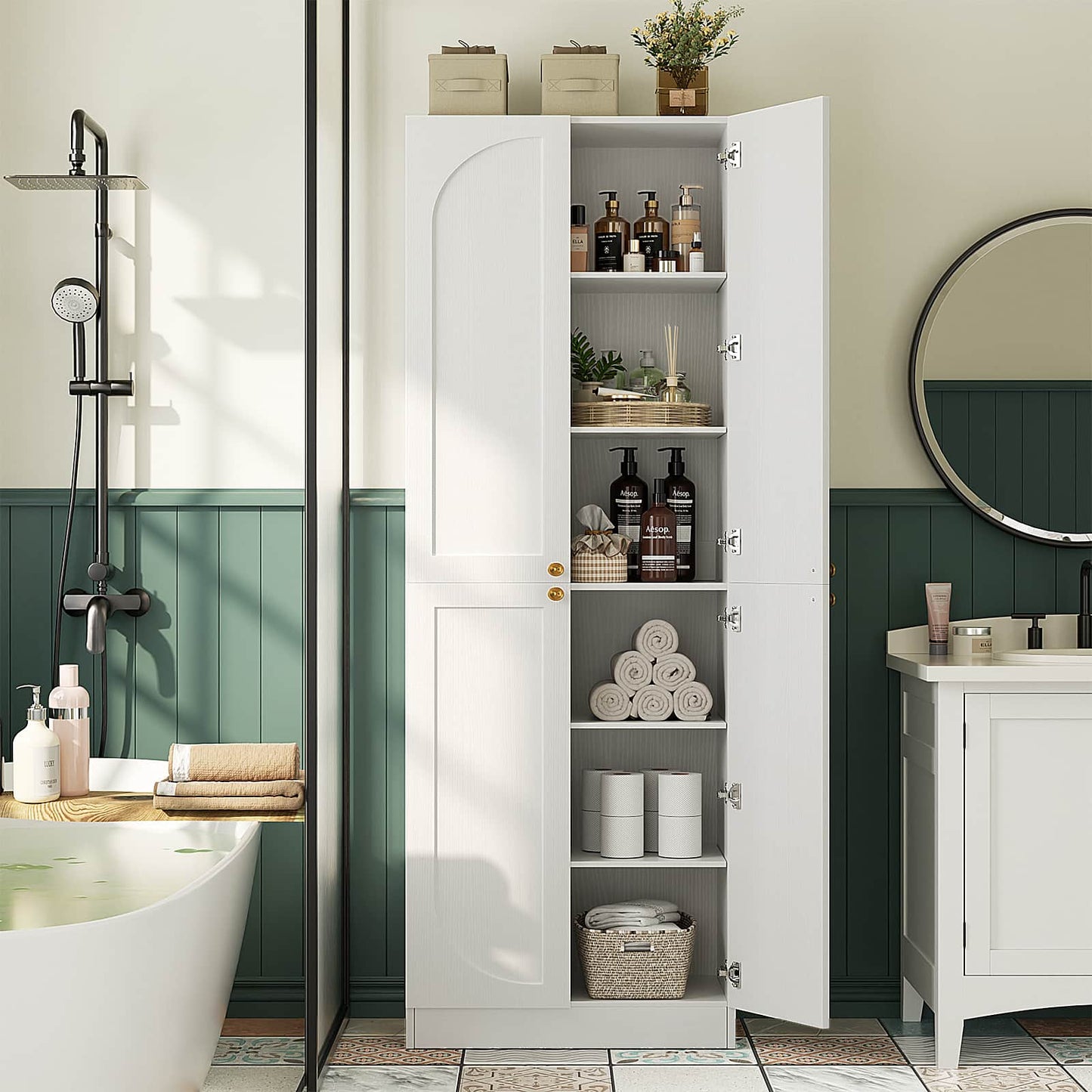 80" Kitchen Pantry, Extra Tall Arch Storage Cabinet with 4 Doors and Adjustable Shelves