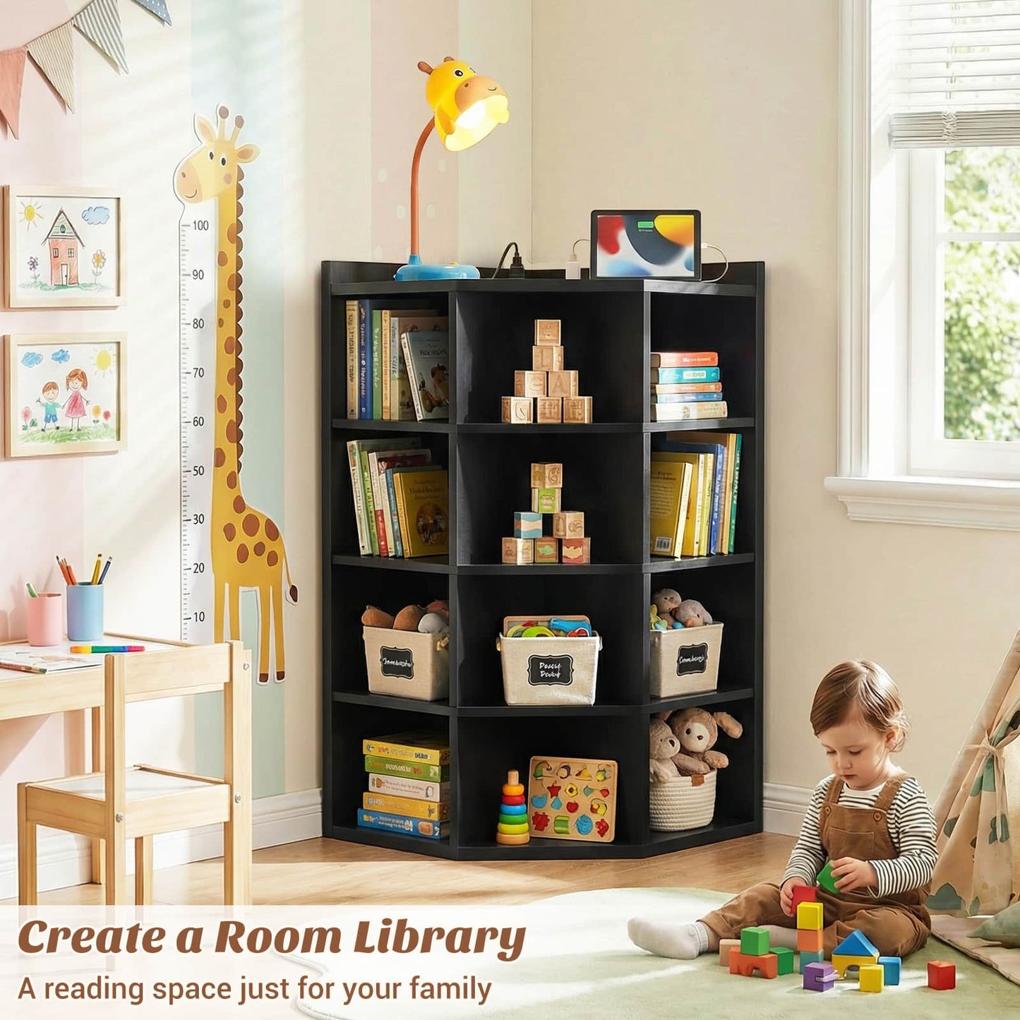5-Tier Corner Cabinet with Power Outlets & 12 Storage Cubes - Wooden L-Shaped Bookshelf, Toy Organizer