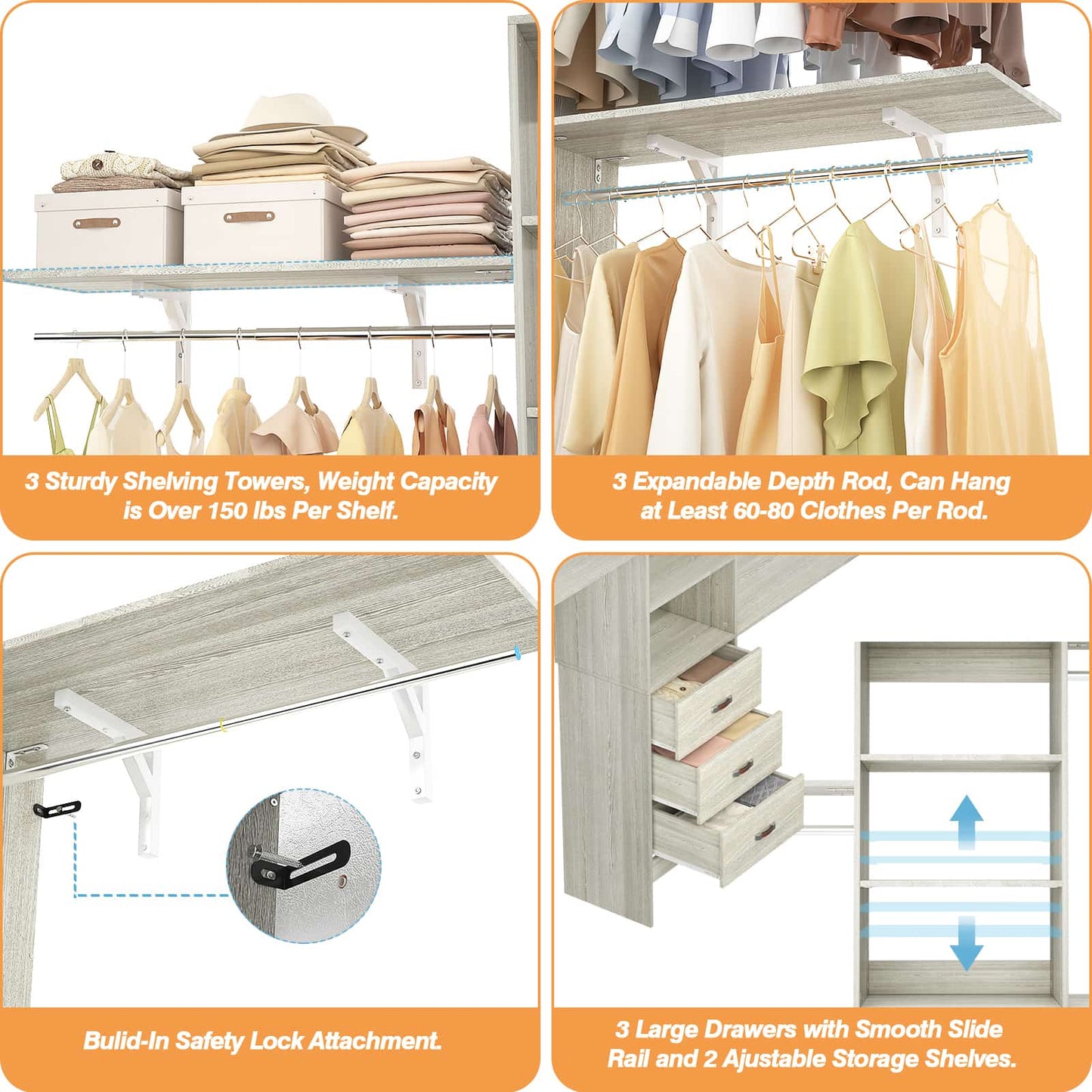 96‘’ W Closet System, Walk In Closet Organizer with 3 Shelving Towers