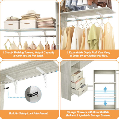 96‘’ W Closet System, Walk In Closet Organizer with 3 Shelving Towers