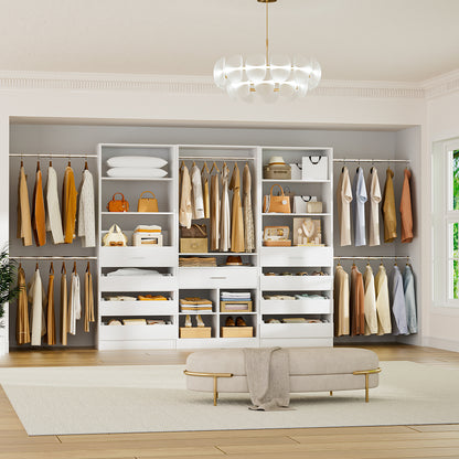 3 sets Wardrobe Closet - Two Adjustable Wooden Closet Systems with 8 Drawers & 8 Hanging Rods and One Freestanding Tower with 4 Cubby Storage