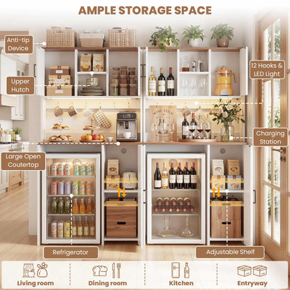 2-Piece Beverage Station Set - Mini Fridge Cabinet & Coffee Bar with Charging Hub, LED Light & Wine Storage