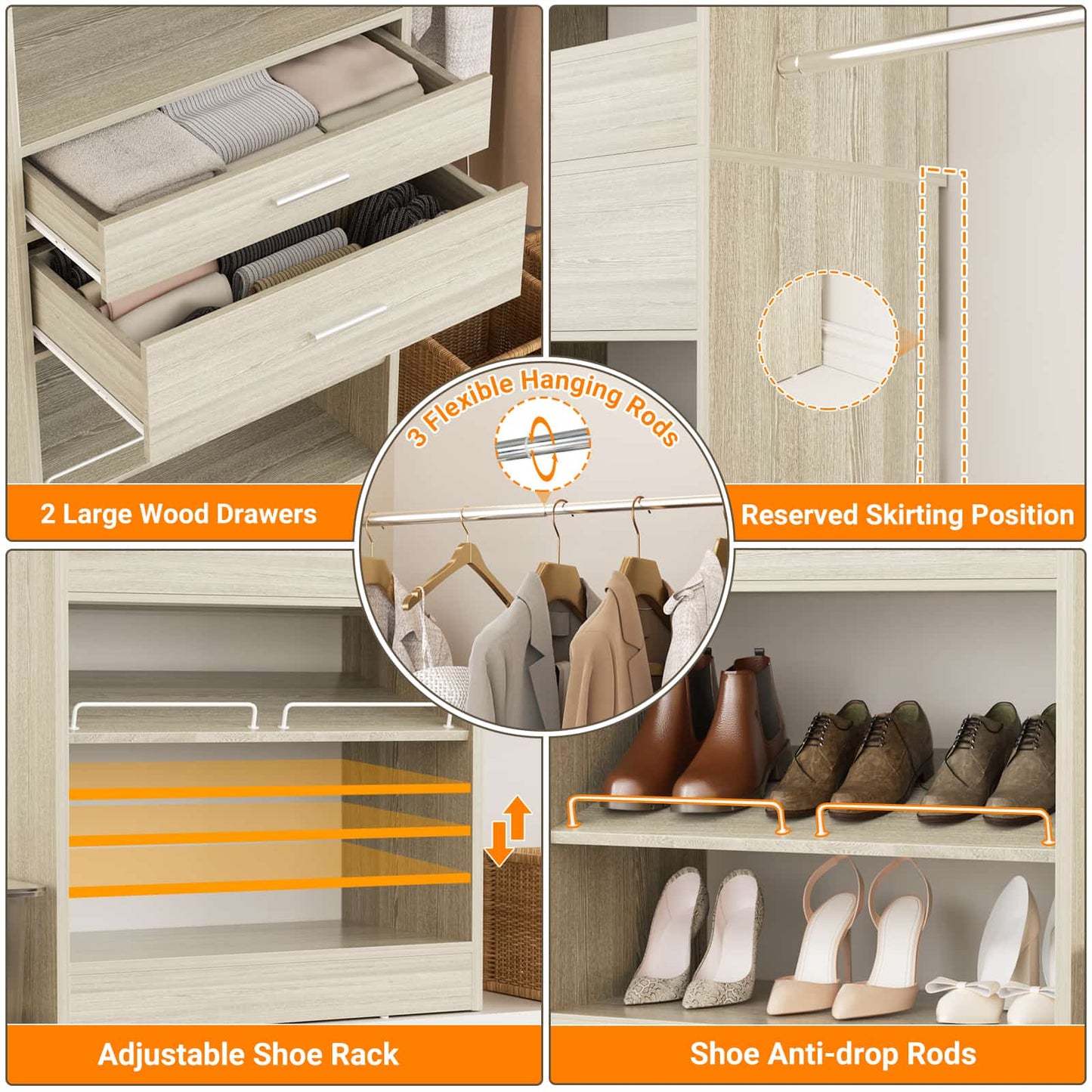 Closet System with Wooden Drawers, Adjustable Angled Shoe Rack