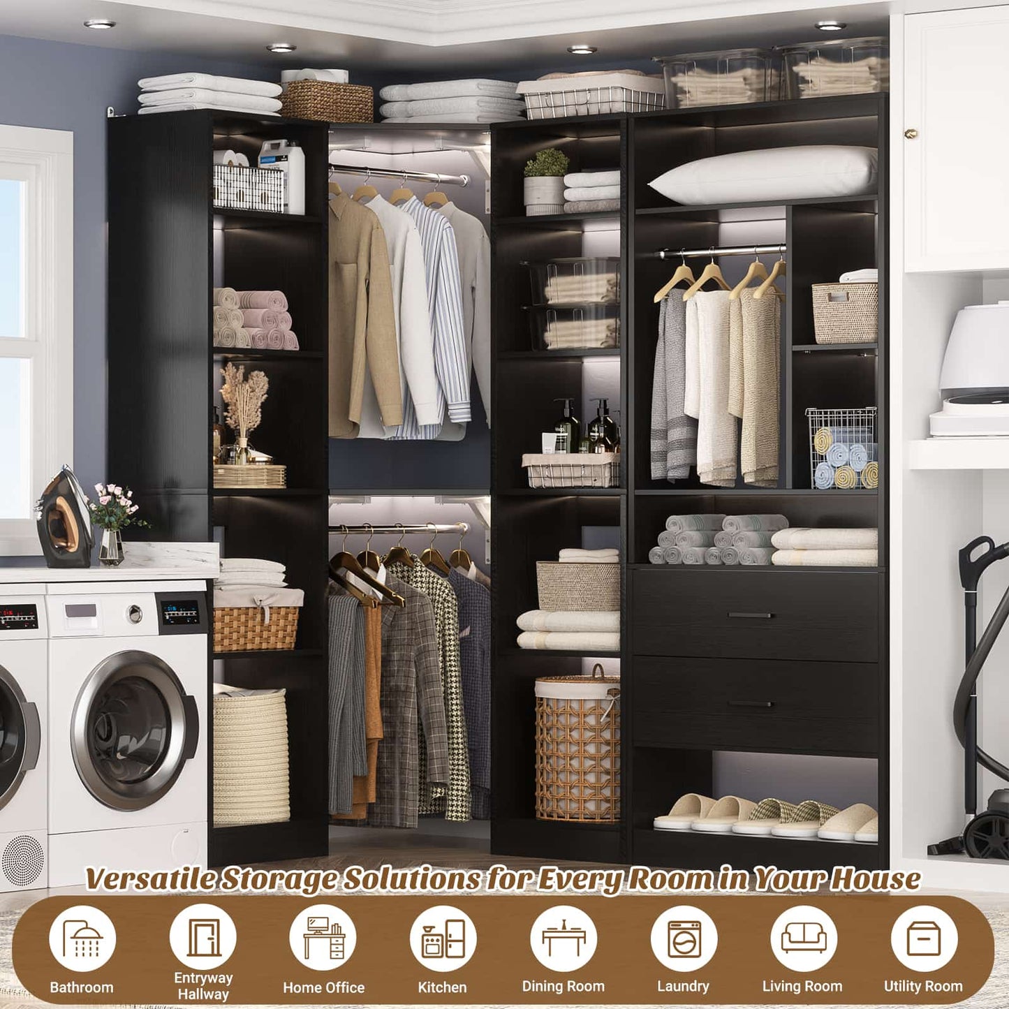 Closet System Closet Organizer, Wood Closet Organizer System,Walk-in Closet or Small Closets Wardrobe, Clothes Rack with Hanging Rods