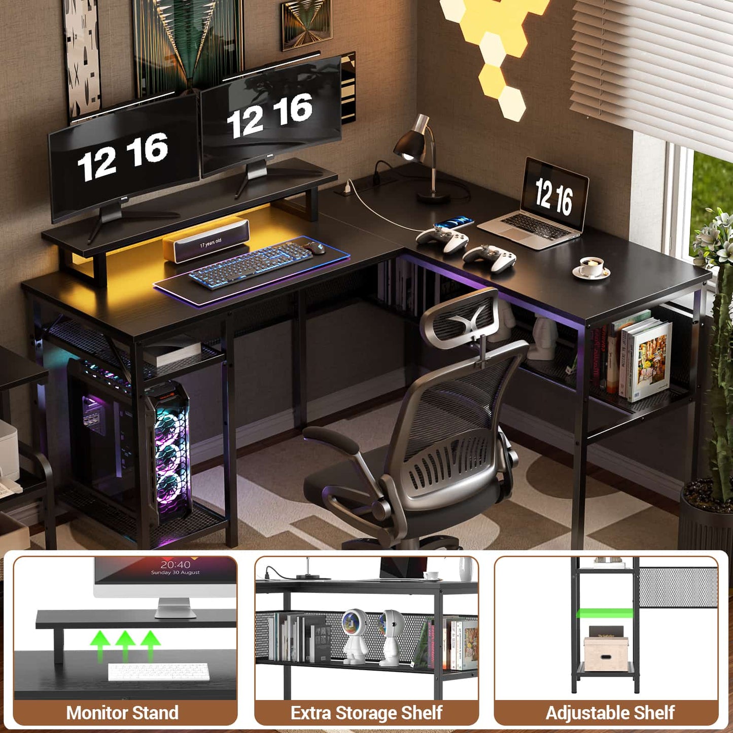 L Shaped Computer Desk with Magic Power Outlets and Smart LED Light