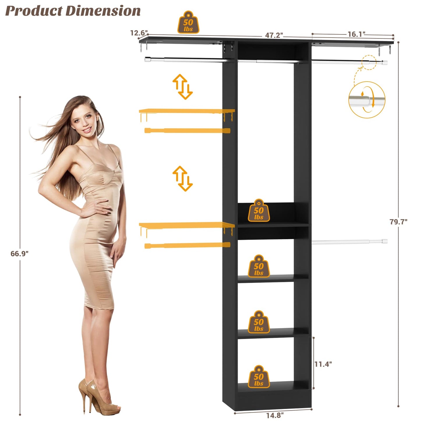 4FT Small Closet System with 4 Closet Rods & 3 Shelves