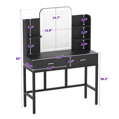 Vanity Desk with LED Lighted Mirror, Makeup Desk with 5 Storage Shelves & 2 Drawers, Vanity Table, Modern Dressing Table with 3 Color Lighting