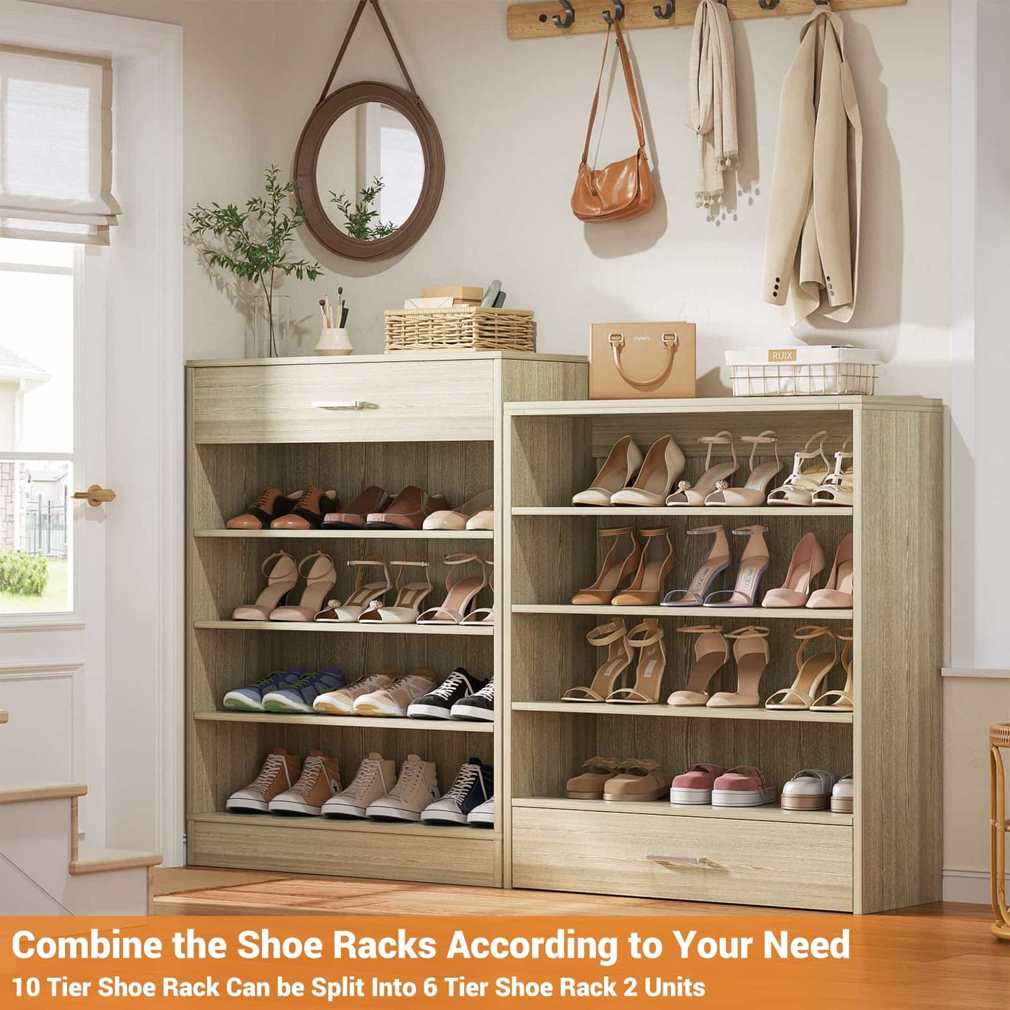 10-Tier Shoe Cabinet with 2 Drawers, 65cm Width Freestanding Closet Organizer