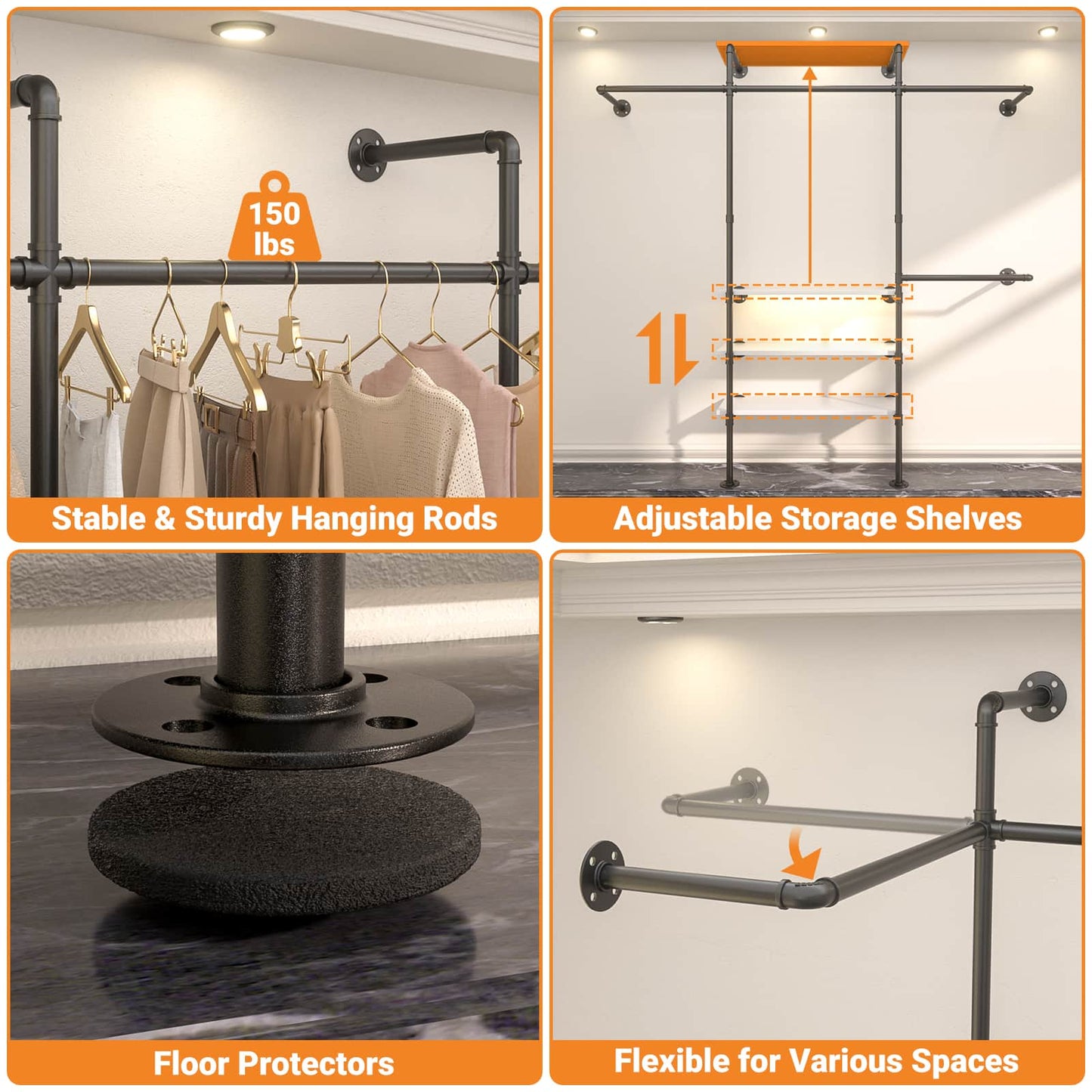 Industrial Pipe Clothing Rack, Reversible 7.25FT Wall Mounted Clothes Rack