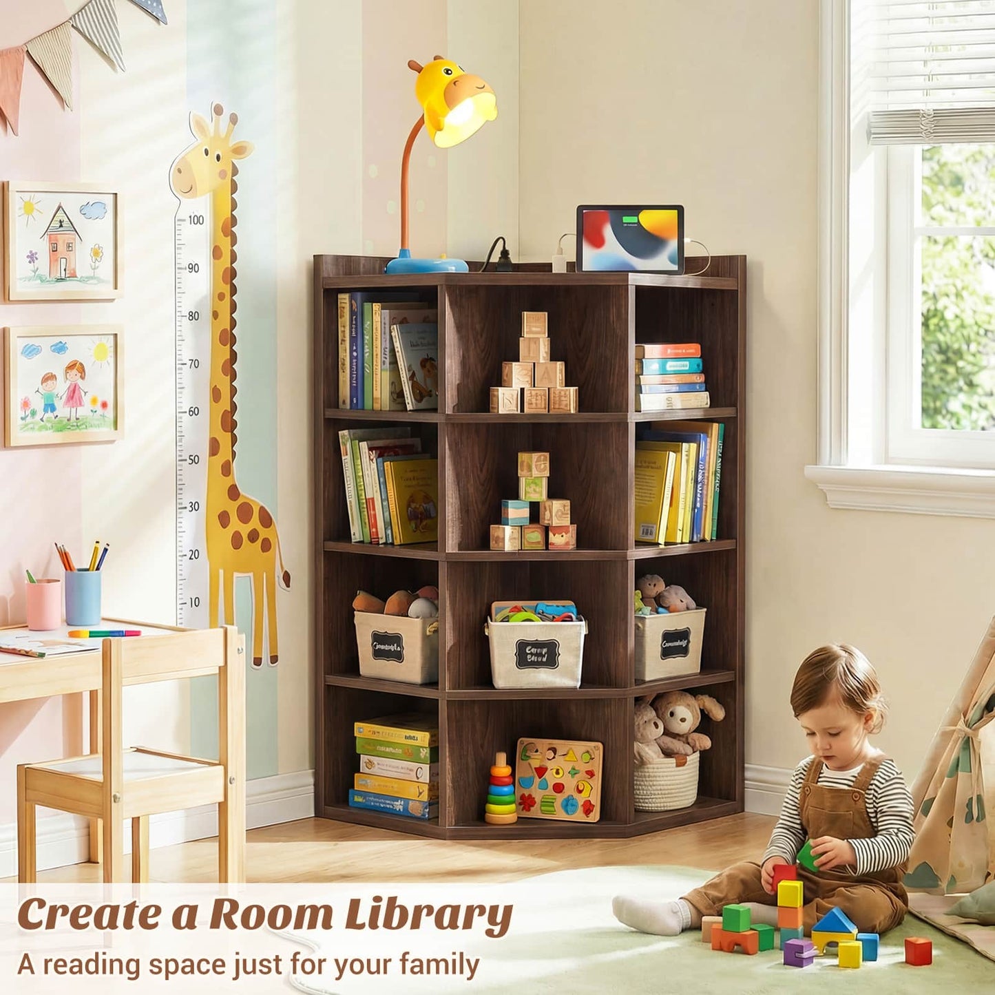5-Tier Corner Cabinet with Power Outlets & 12 Storage Cubes - Wooden L-Shaped Bookshelf, Toy Organizer