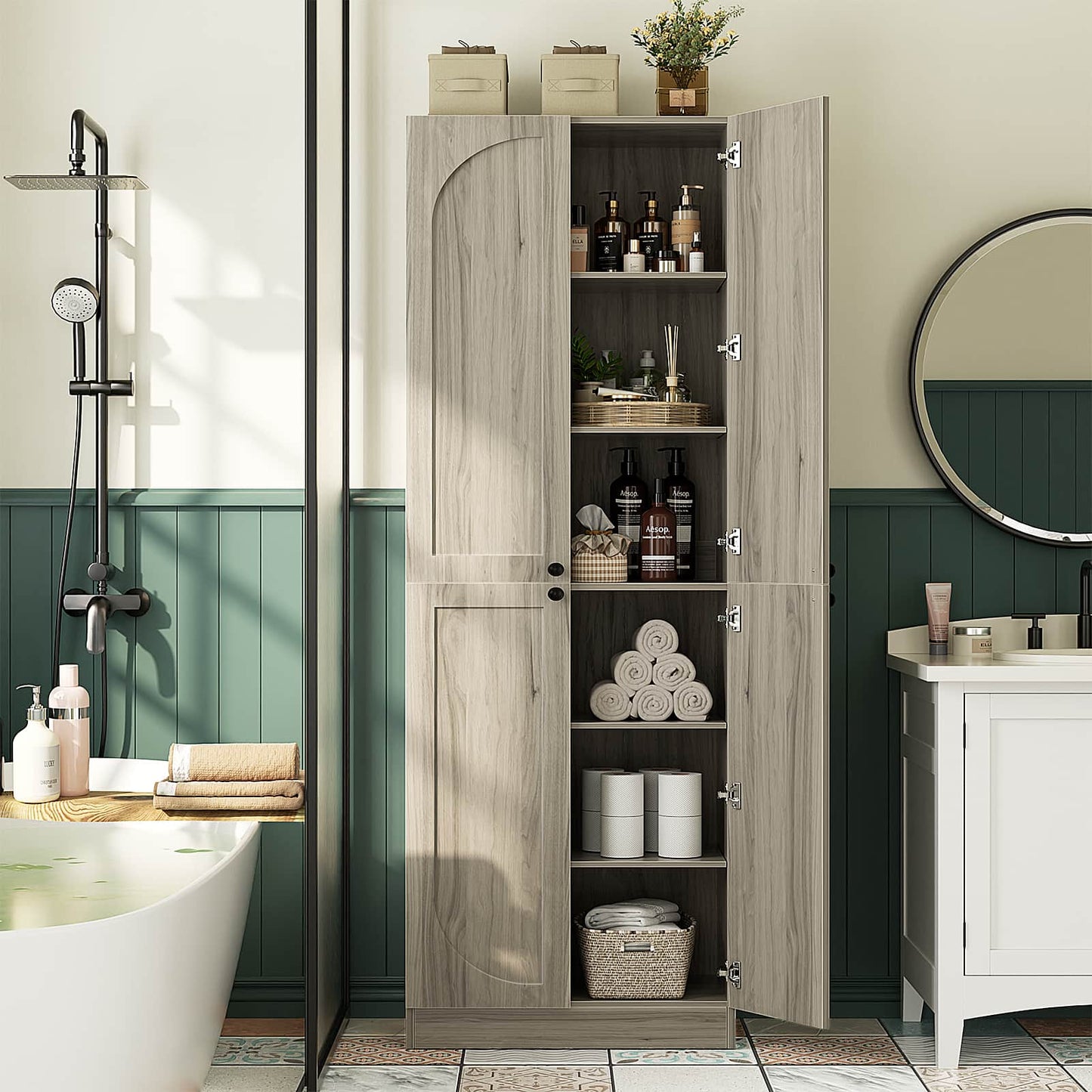 80" Kitchen Pantry, Extra Tall Arch Storage Cabinet with 4 Doors and Adjustable Shelves