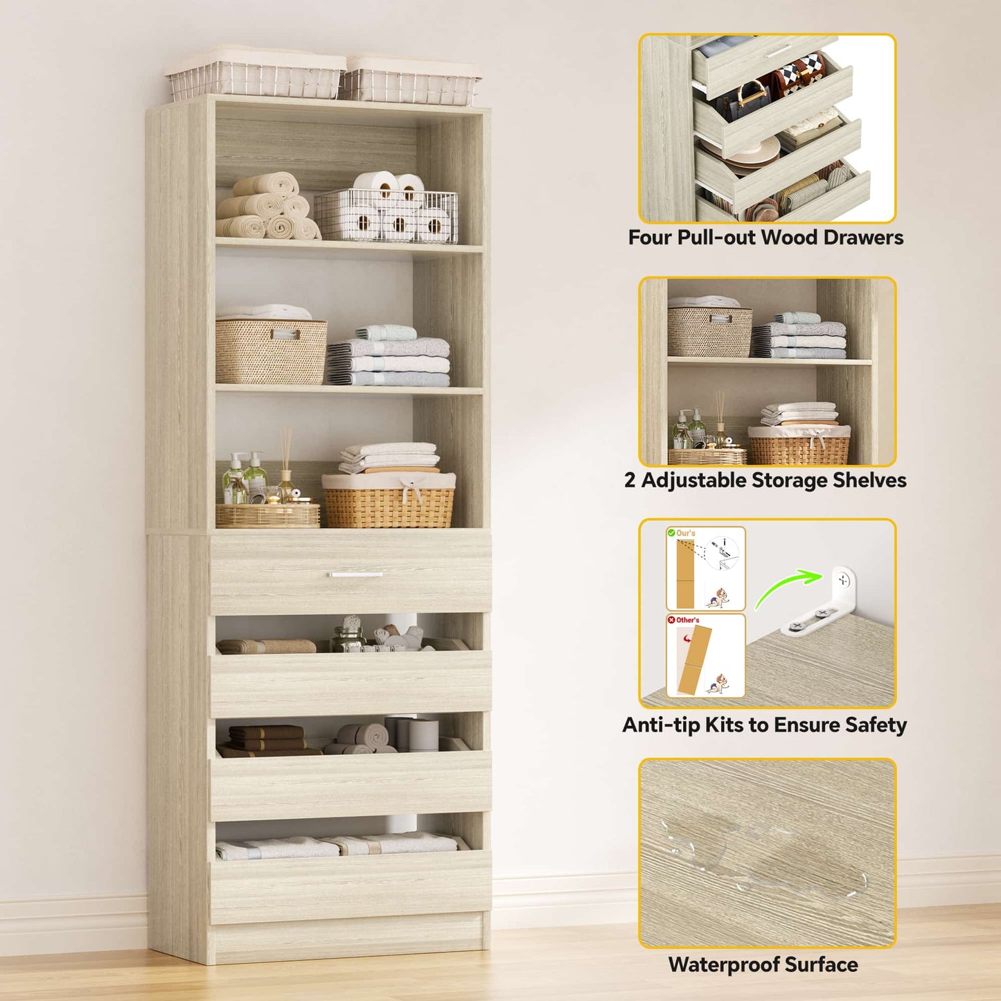 2-Pack Space-Saving Modular Armoire Wardrobe Closet System with 8 Drawers & Adjustable Shelves