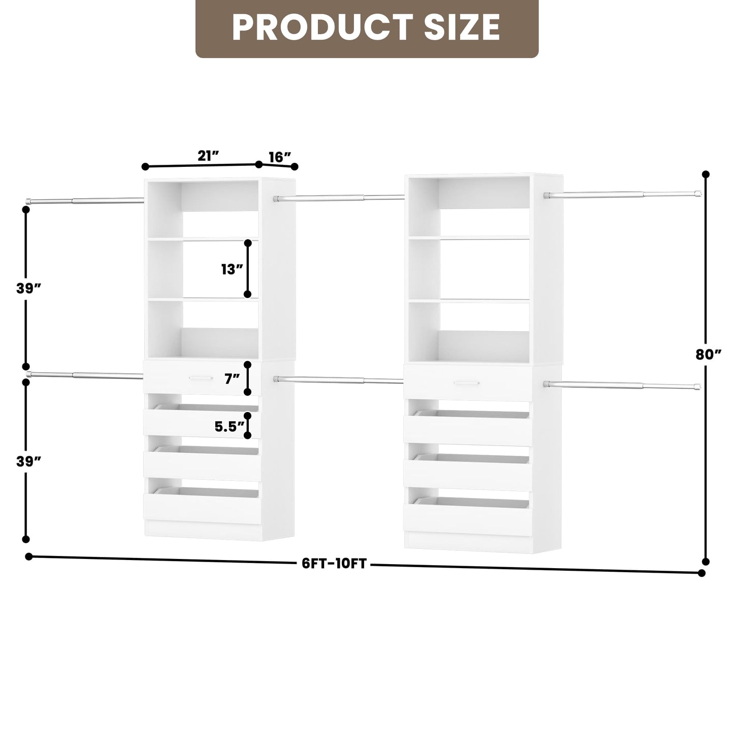 2-Pack Closet Organizer System: Dual 4-9Ft Adjustable Wardrobe Racks with 8 Wooden Drawers, Double Tower Storage, 8 Hanging Rods & Garment Racks ﻿