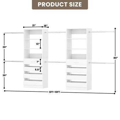2-Pack Closet Organizer System: Dual 4-9Ft Adjustable Wardrobe Racks with 8 Wooden Drawers, Double Tower Storage, 8 Hanging Rods & Garment Racks ﻿