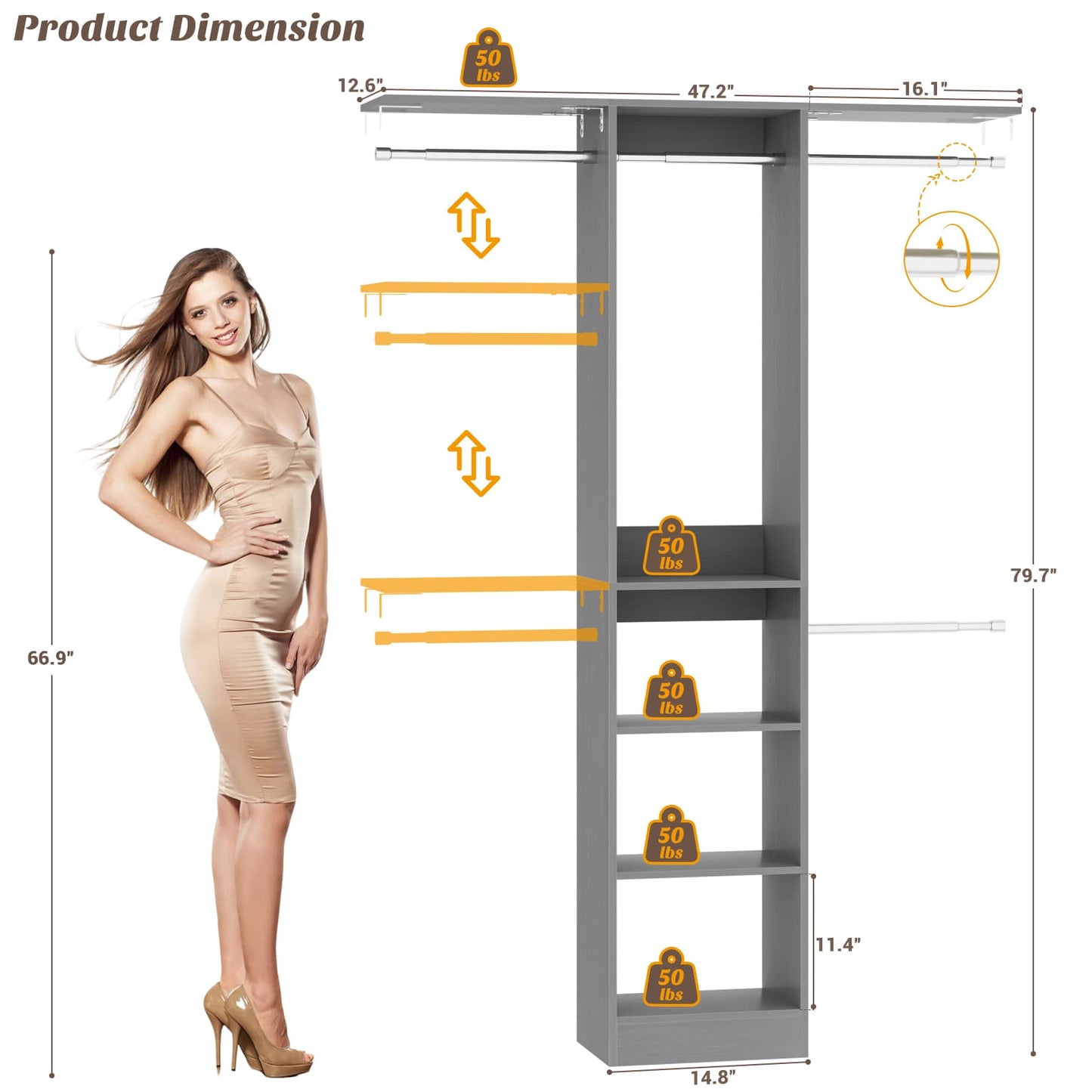 4FT Small Closet System with 4 Closet Rods & 3 Shelves