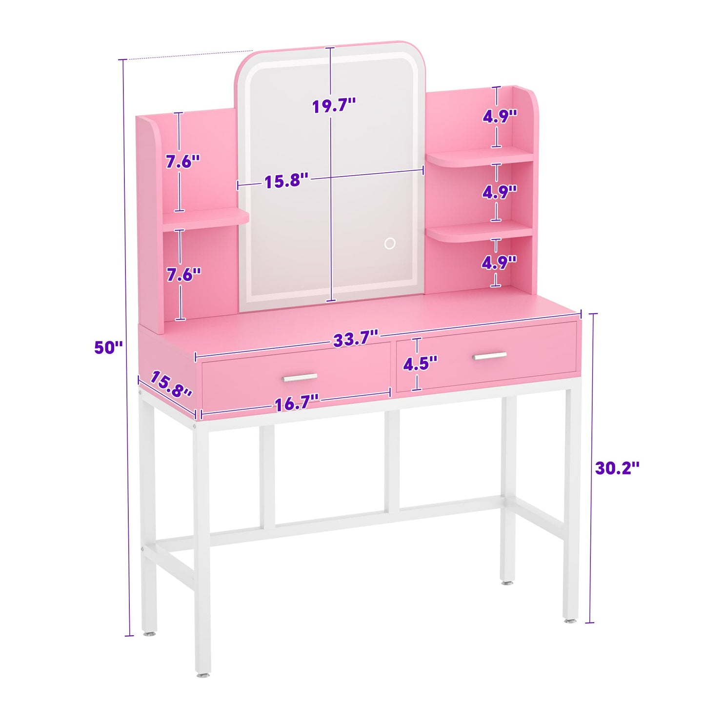 Vanity Desk with LED Lighted Mirror, Makeup Desk with 5 Storage Shelves & 2 Drawers, Vanity Table, Modern Dressing Table with 3 Color Lighting