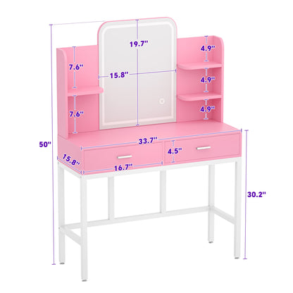 Vanity Desk with LED Lighted Mirror, Makeup Desk with 5 Storage Shelves & 2 Drawers, Vanity Table, Modern Dressing Table with 3 Color Lighting