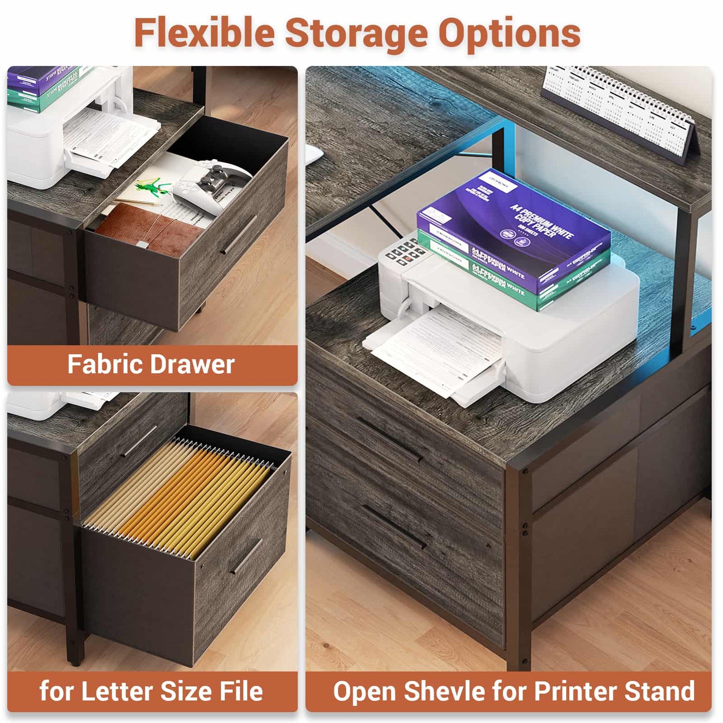 L Shaped Desk with File Drawer, 72.8" Reversible L Shaped Computer Desk with Power Outlet & LED Strip