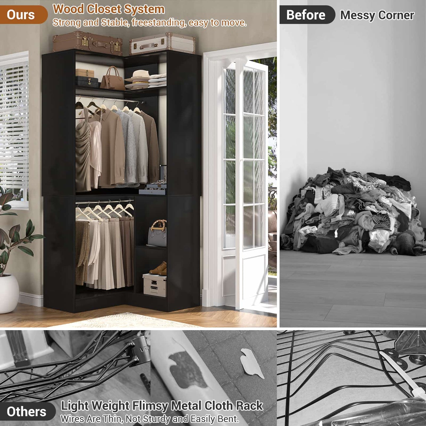 34’’ Corner Closet System with Shelves and Hanging Rods