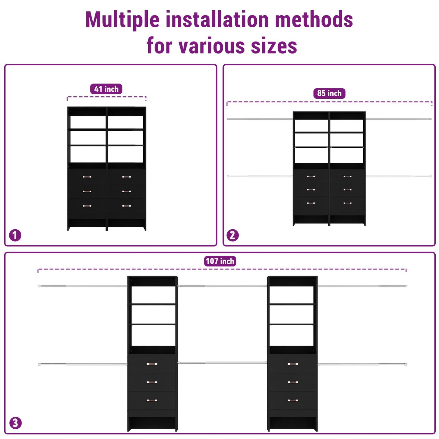 96" Closet System Value 4-Pack with 12 Hanging Rods & 12 Wooden Drawers - Adjustable (5-8FT Each)