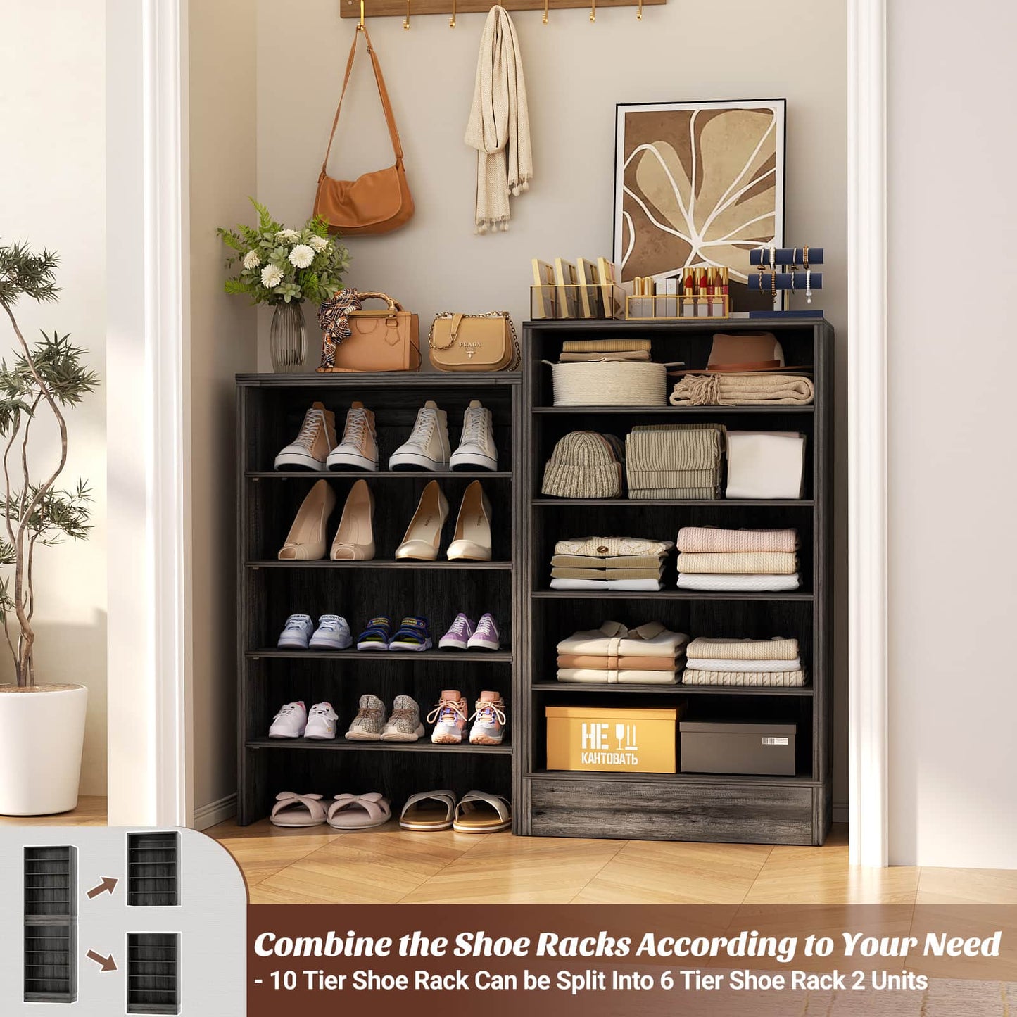 Tall Shoe Cabinet, 10 Tiers Narrow Wood Shoe Rack