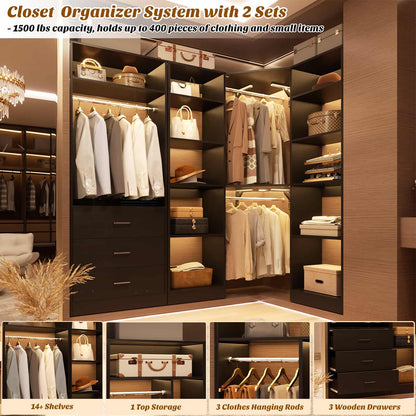 63.2" L X 39.2" W X 80" H Corner Closet System,Freestanding Closet Organizer System With 2 Drawers & 12 Shelves