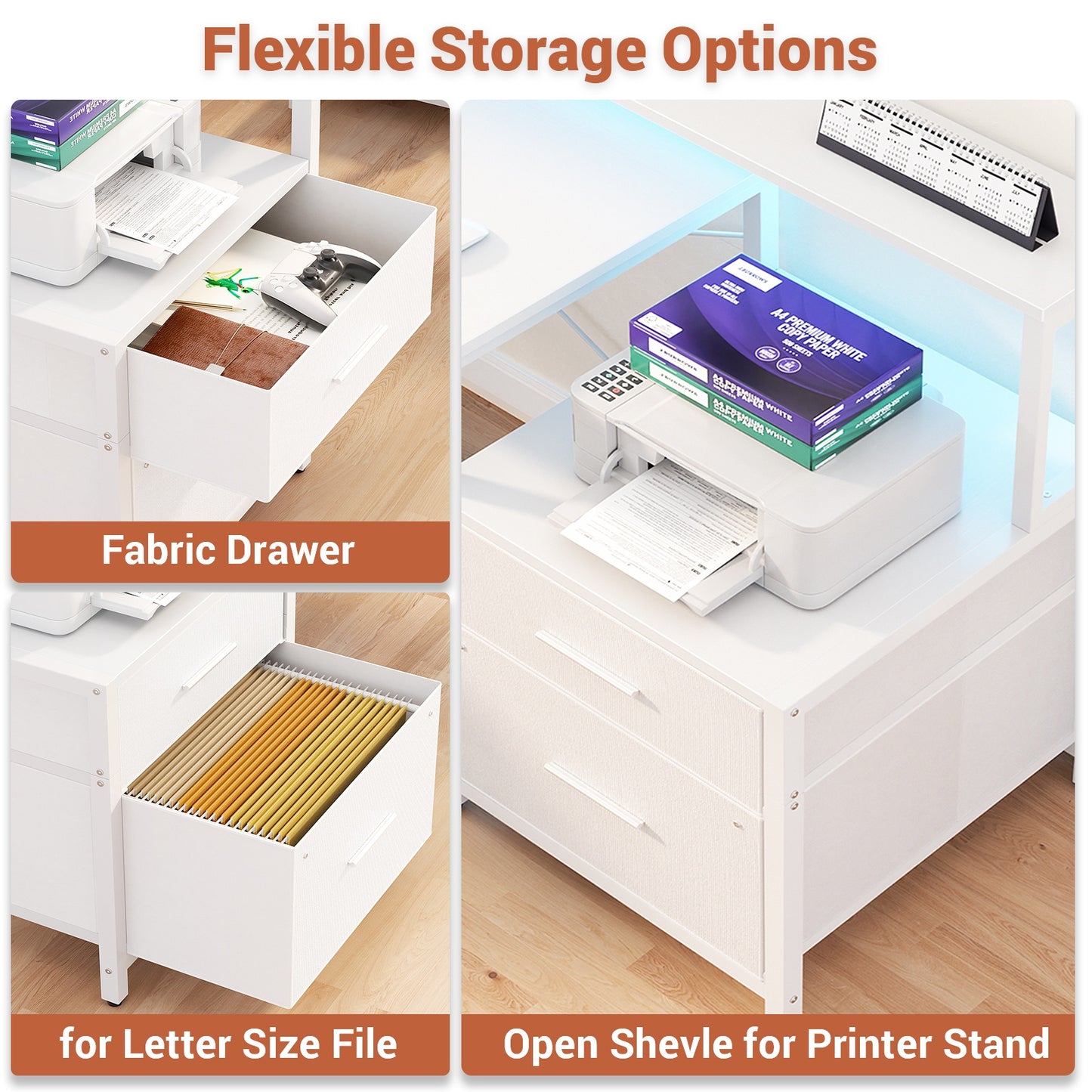 L Shaped Desk with File Drawer, 72.8" Reversible L Shaped Computer Desk with Power Outlet & LED Strip