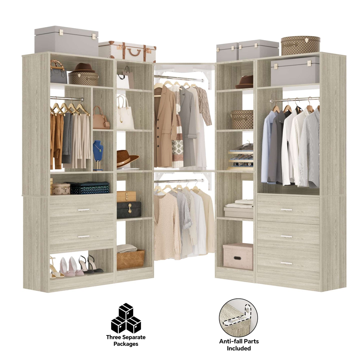 Freestanding Closet System with 3 Sets, 87.2" Closet Organizer System , Reversible L Shaped Walk-in Closets,
