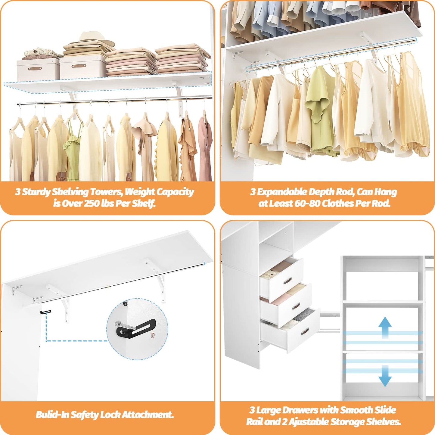 120'' W Closet System with Drawers, Closet Organizer with 3 Shelving Towers