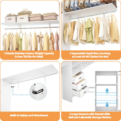 120'' W Closet System with Drawers, Closet Organizer with 3 Shelving Towers